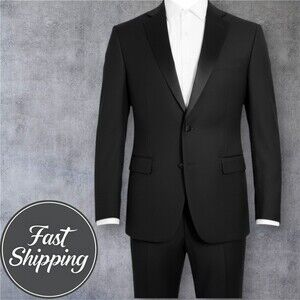 $450 CALVIN KLEIN Mens 38R Black Wool Blazer Sport Coat 2-Button TUXEDO Jacket